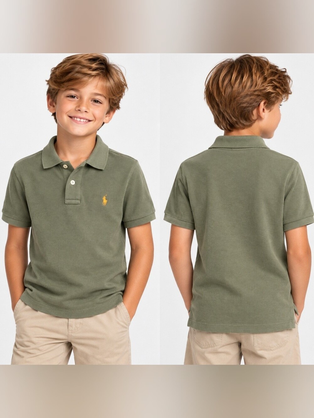 Polo Ralph Lauren Boys Size 8 S Olive Green Cotton Pique Polo Orange Pony